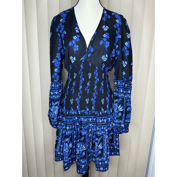 Band Of  Gypsies Blue Floral Long Sleeve Dress - Picture 2 of 7